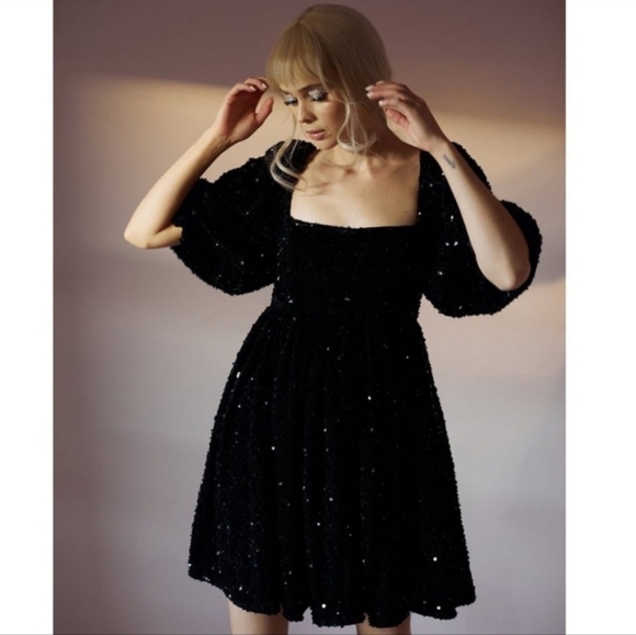 Selkie Black Sequin Puff Dress - Picture 3 of 16
